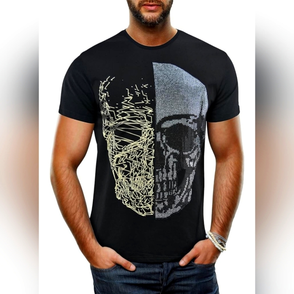 HEADS OR TAILS Mens Black Graphic T-Shirt Half Line Sketch Skull Black/Silver